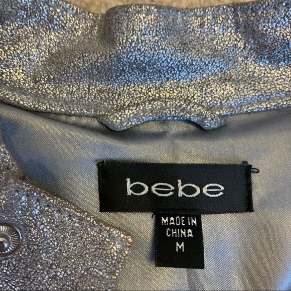 Bebe metallic silver crackled Leather Moto jacket Sz M - Picture 11 of 16
